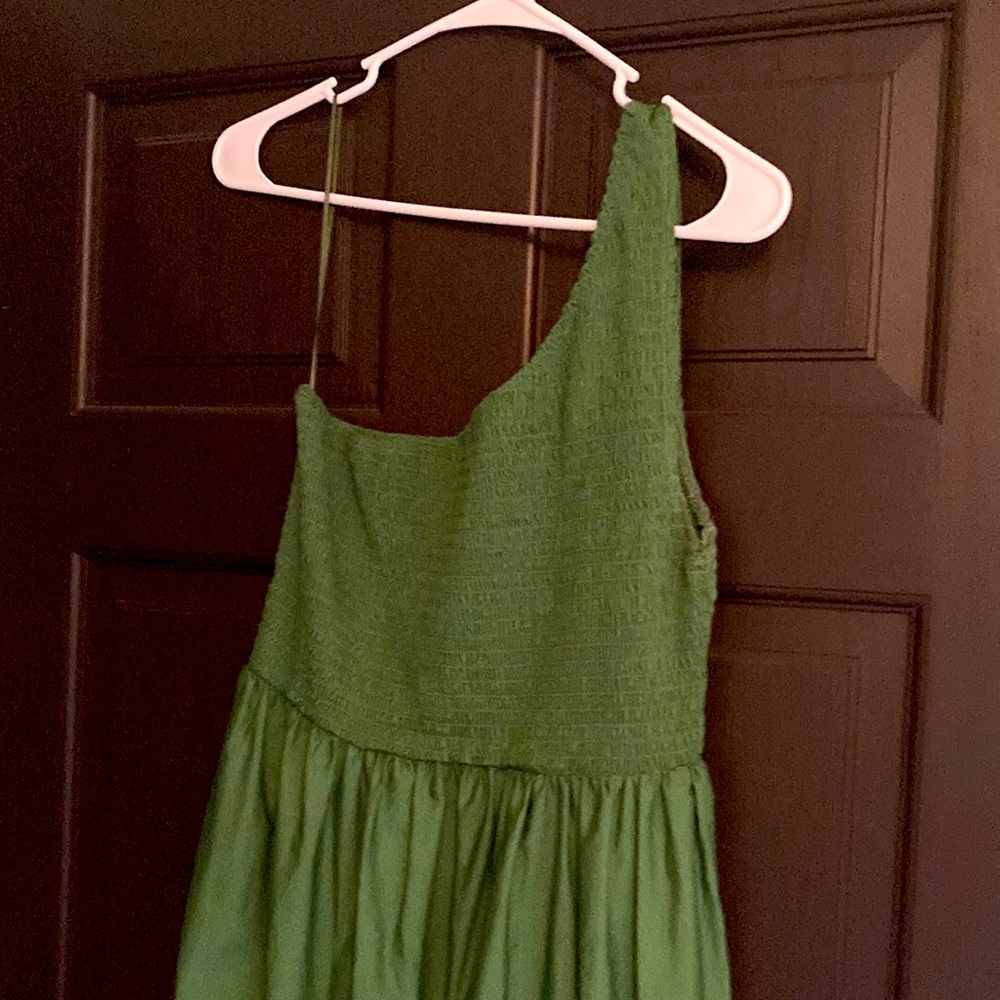 Green One-Shoulder Smocked Bodice Dress